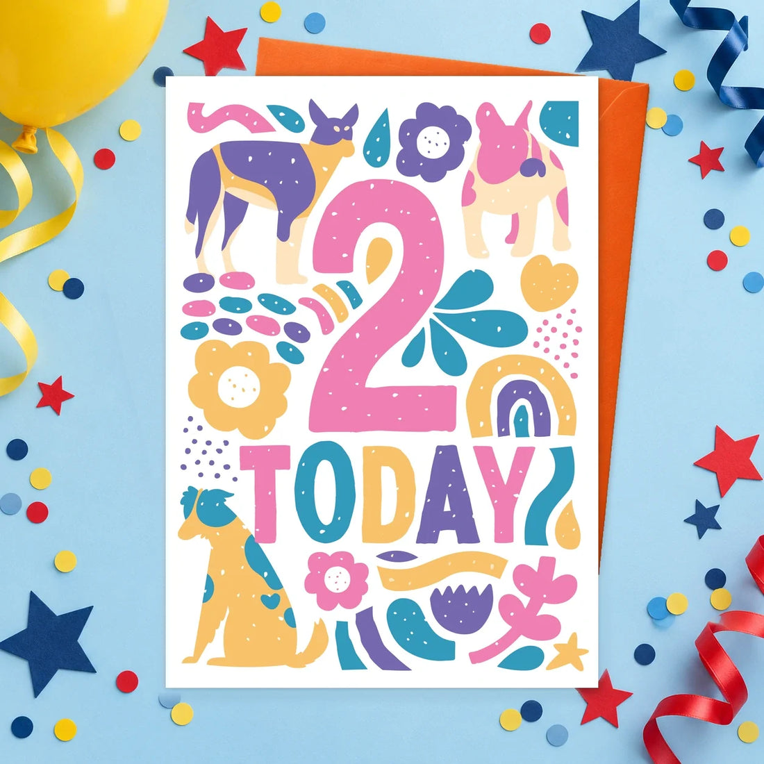 2 Today Birthday – Edible Dog Birthday Card, chicken flavour by Scoff Paper, shown with an orange envelope