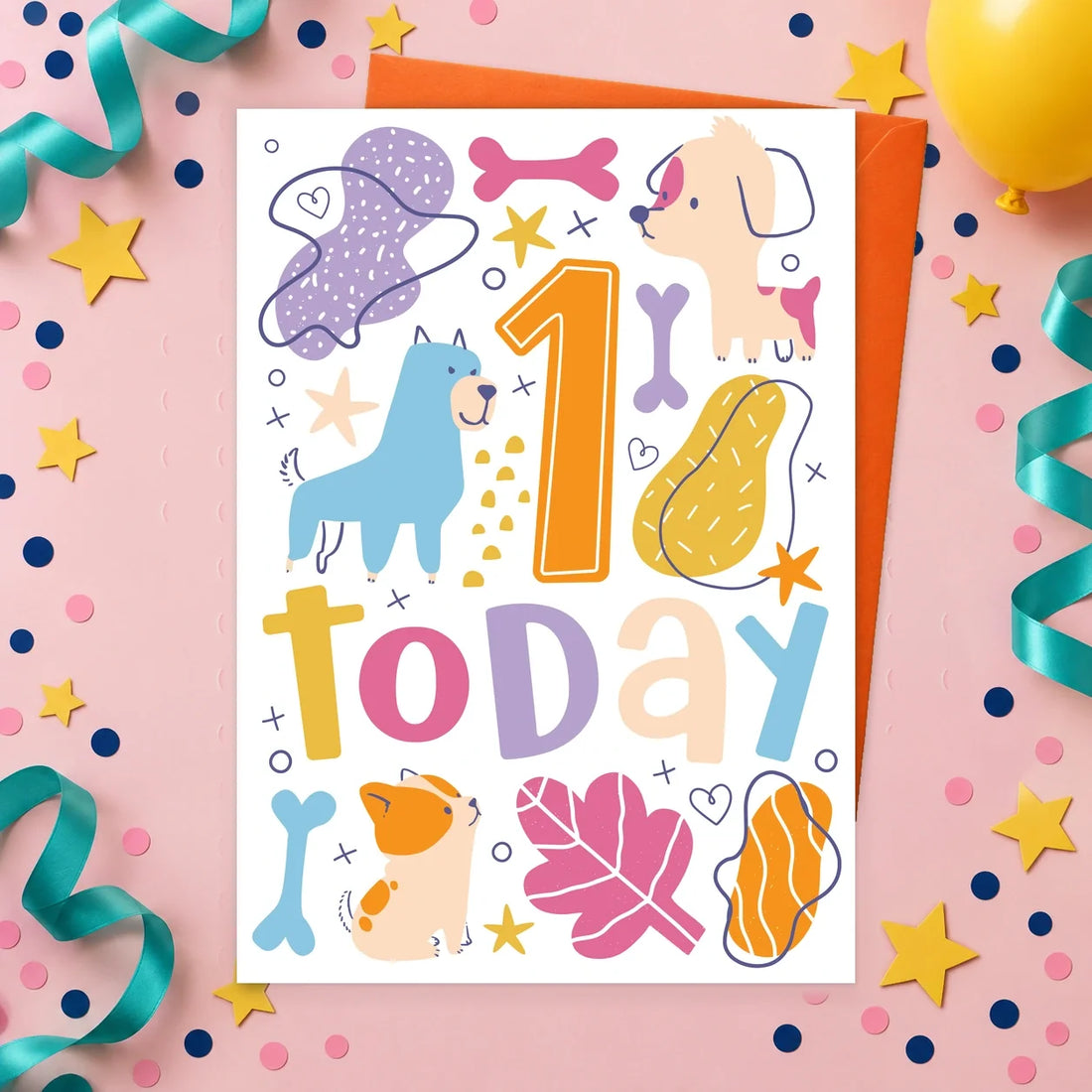 1 Today Birthday – Edible Dog Birthday Card, chicken flavour by Scoff Paper, shown with an orange envelope