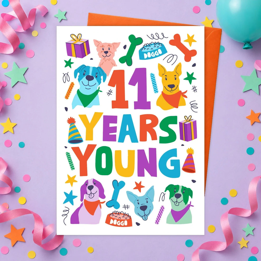 Happy 11th Birthday – Edible Dog Birthday Card, bacon flavour by Scoff Paper, shown with an orange envelope