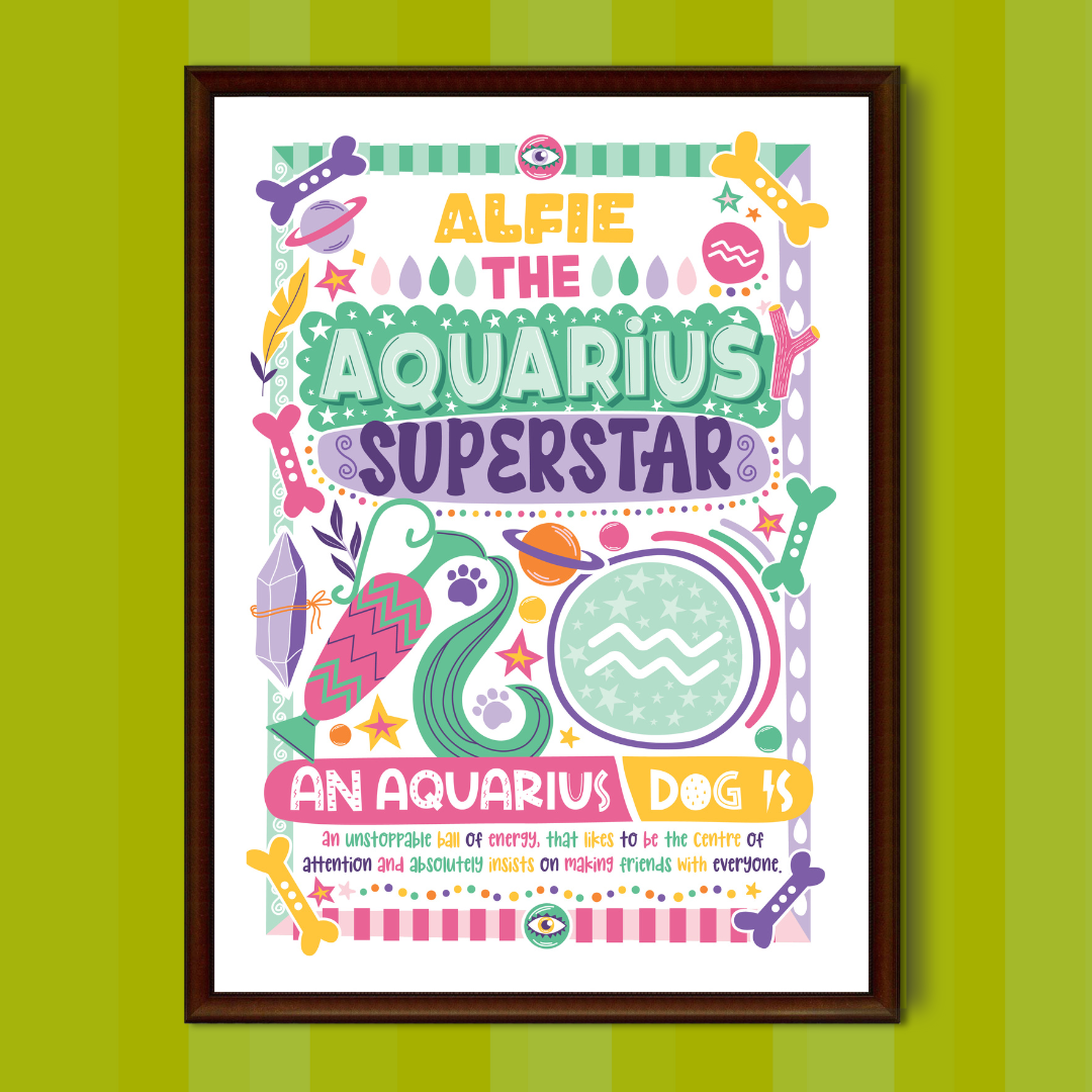 Aquarius dog personalised zodiac wall print