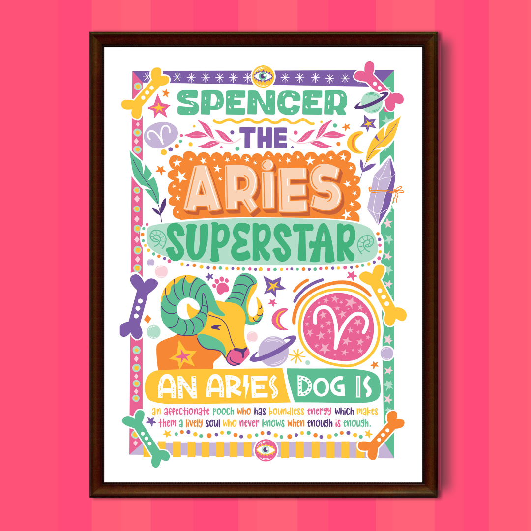 Aries dog personalised zodiac wall print