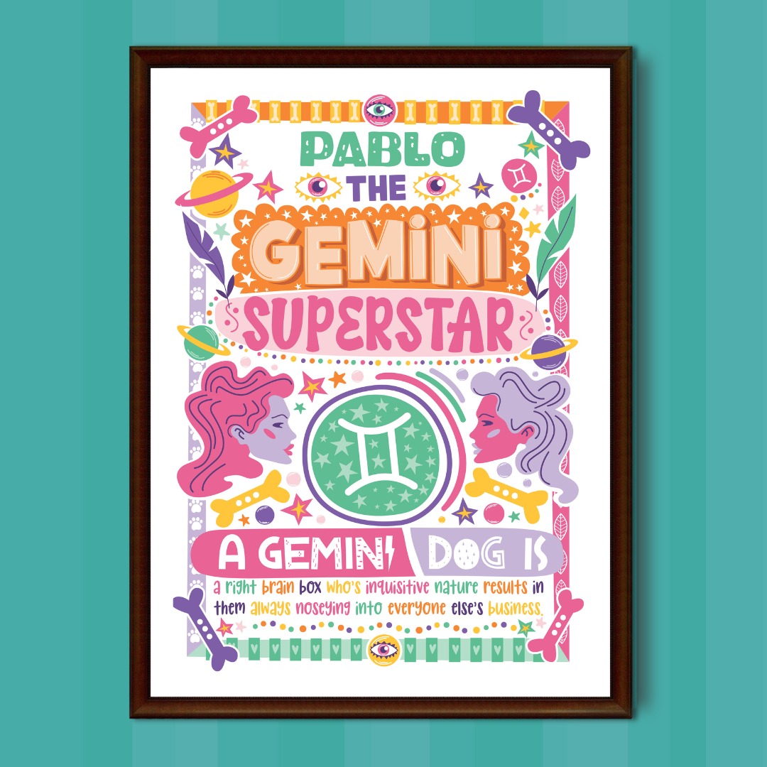 Gemini dog personalised zodiac wall print