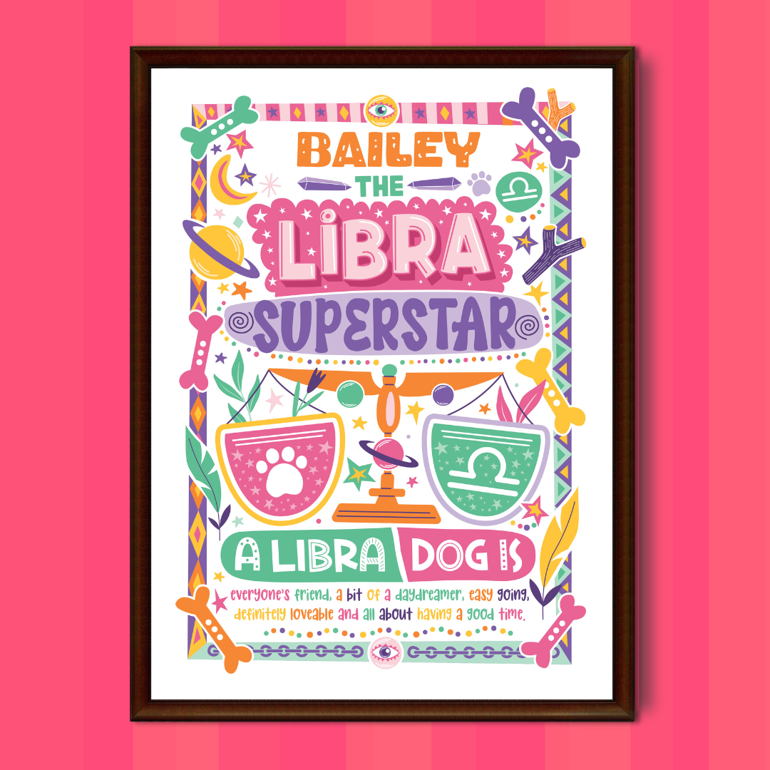 Libra dog personalised zodiac wall print