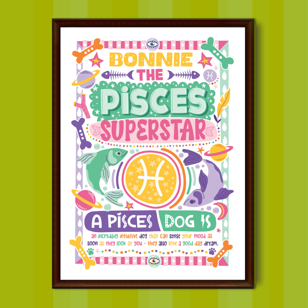 Pisces dog personalised zodiac wall print
