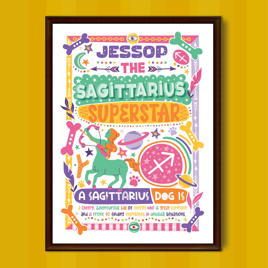 Sagittarius dog personalised zodiac wall print