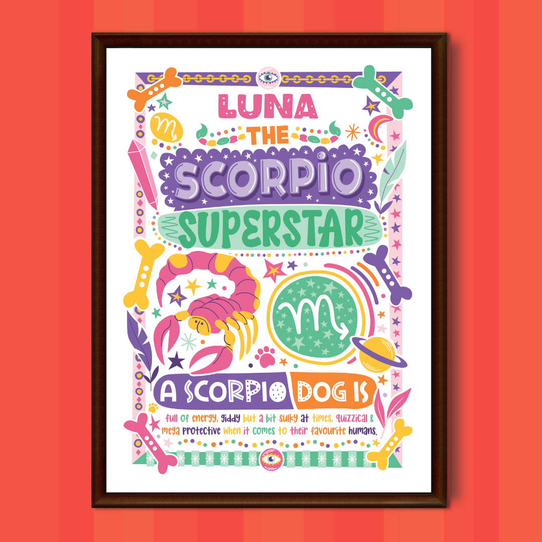 Scorpio dog personalised zodiac wall print