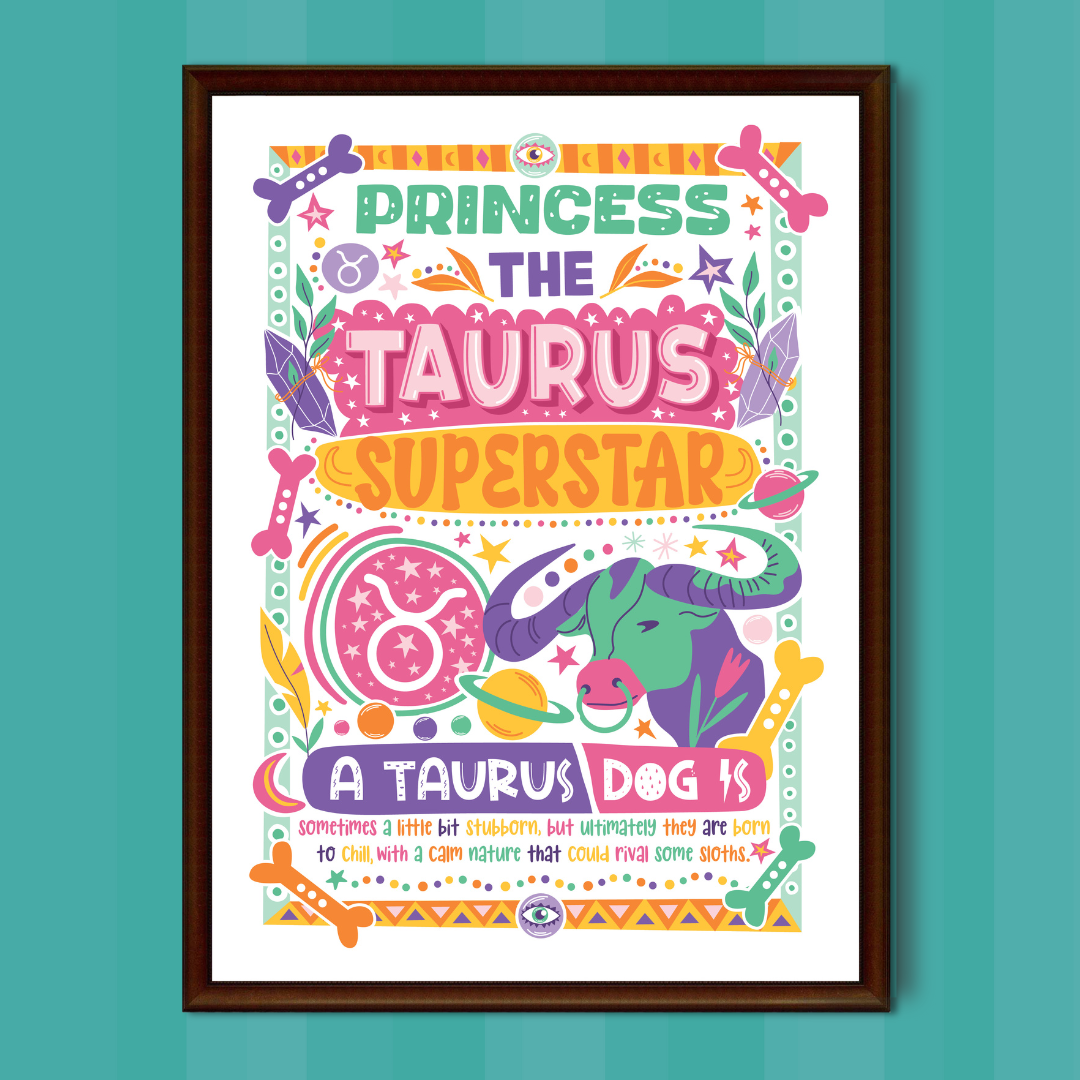 Taurus dog personalised zodiac wall print