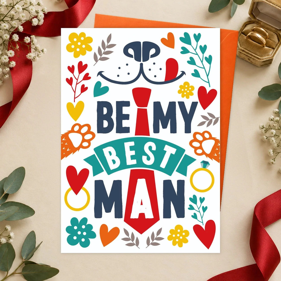 Best Man – Edible Dog Wedding Card, chicken flavour by Scoff Paper, shown with an orange envelope