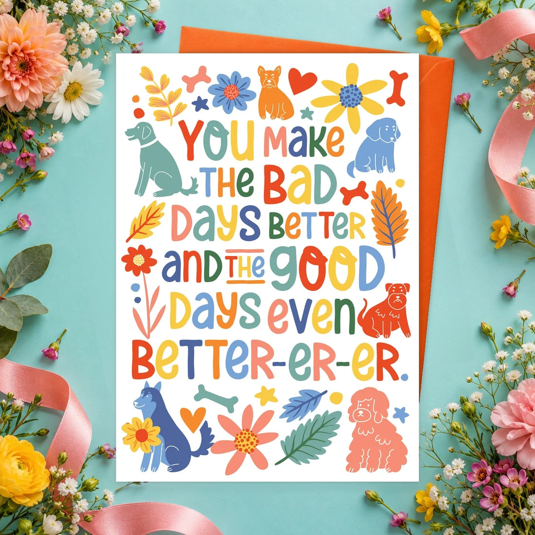 Better-Er-Er – Edible Dog Card, chicken flavour by Scoff Paper, shown with an orange envelope