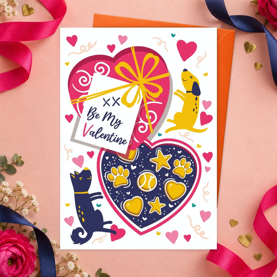 Be My Valentine – Edible Dog Valentine’s Day Card, chicken flavour by Scoff Paper, shown with an orange envelope