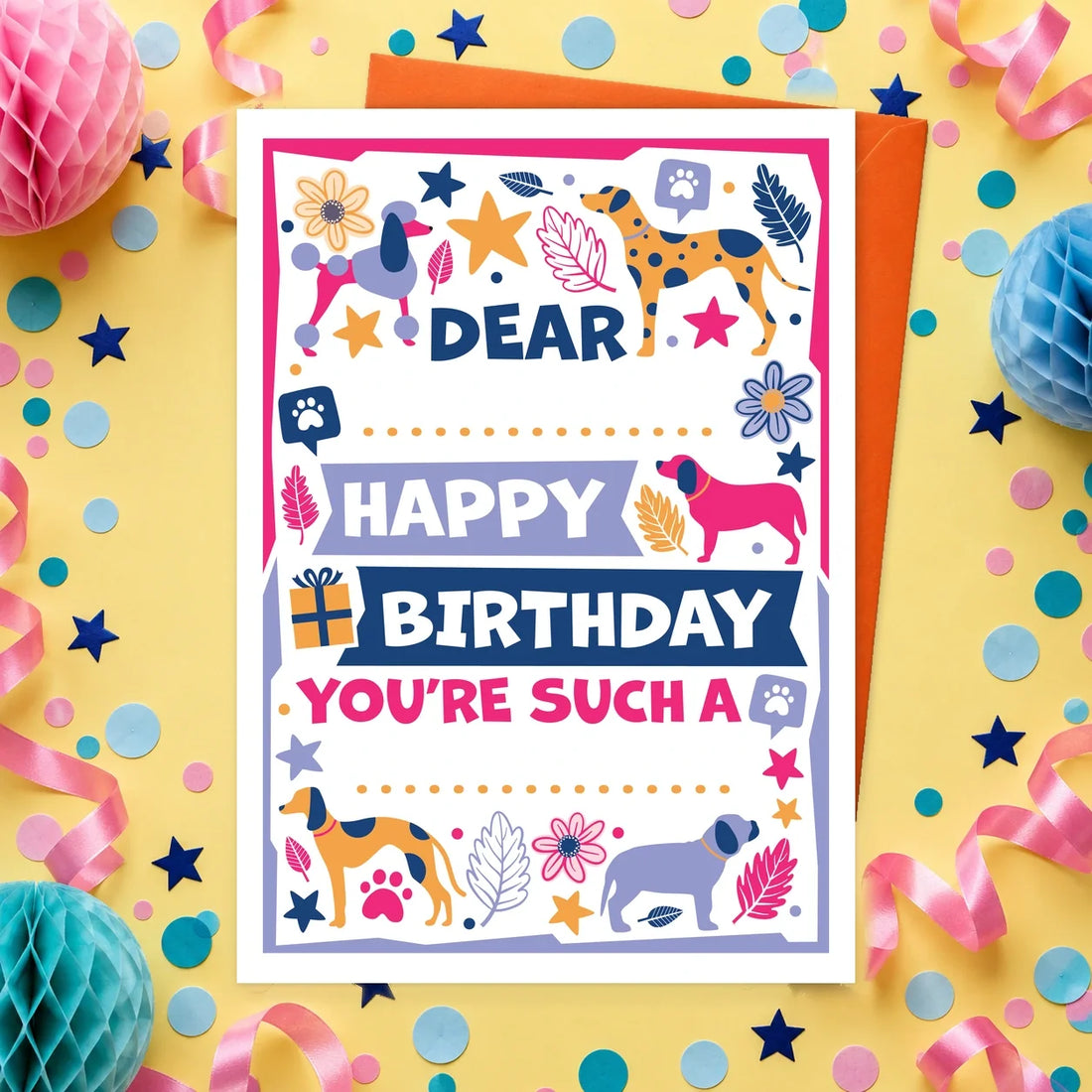 Dear Dog – Edible Dog Birthday Card & Pen Set, bacon flavour by Scoff Paper, shown with an orange envelope