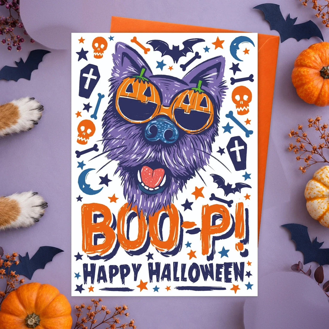 Halloween Boop – Edible Dog Halloween Card, chicken flavour by Scoff Paper, shown with an orange envelope