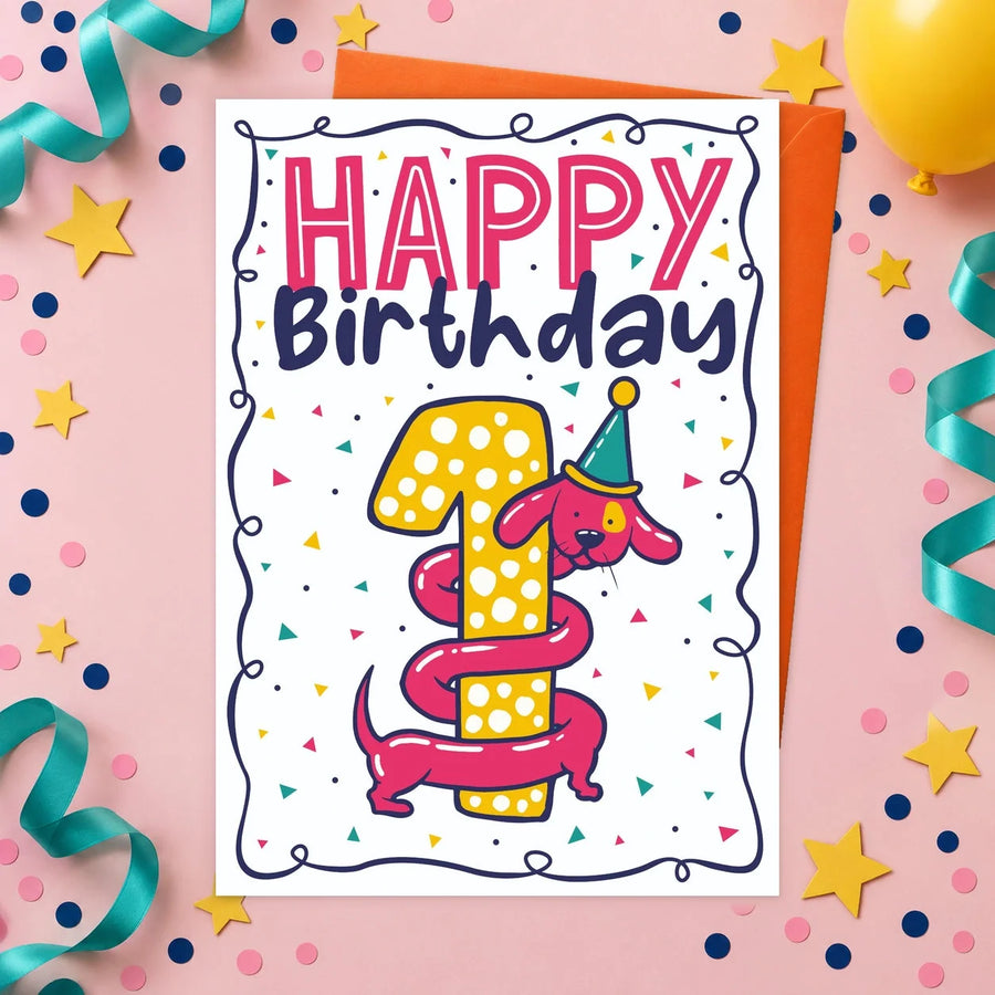 Happy 1st Birthday – Edible Dog Birthday Card (Bacon)
