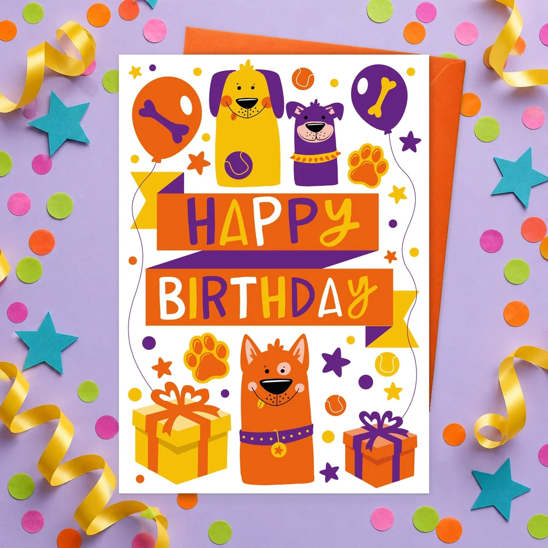Happy Birthday Orange – Edible Dog Birthday Card, chicken flavour by Scoff Paper, shown with an orange envelope