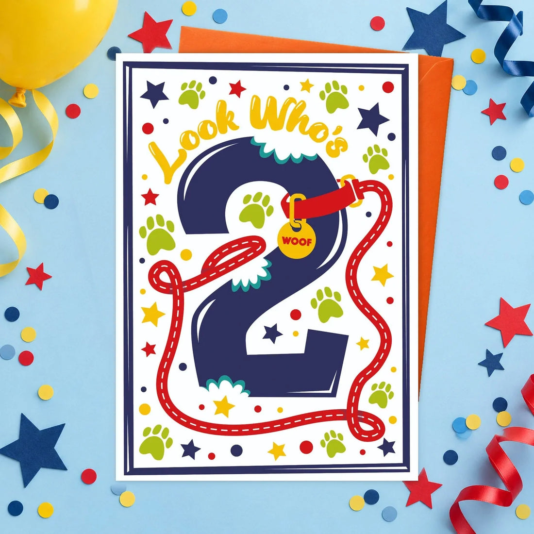 Happy 2nd Birthday – Edible Dog Birthday Card, chicken flavour by Scoff Paper, shown with an orange envelope