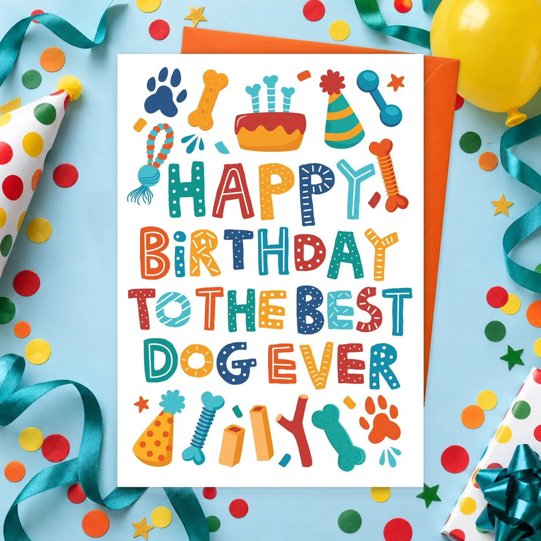Best Dog Ever - Cake – Edible Dog Birthday Card, chicken flavour by Scoff Paper, shown with an orange envelope