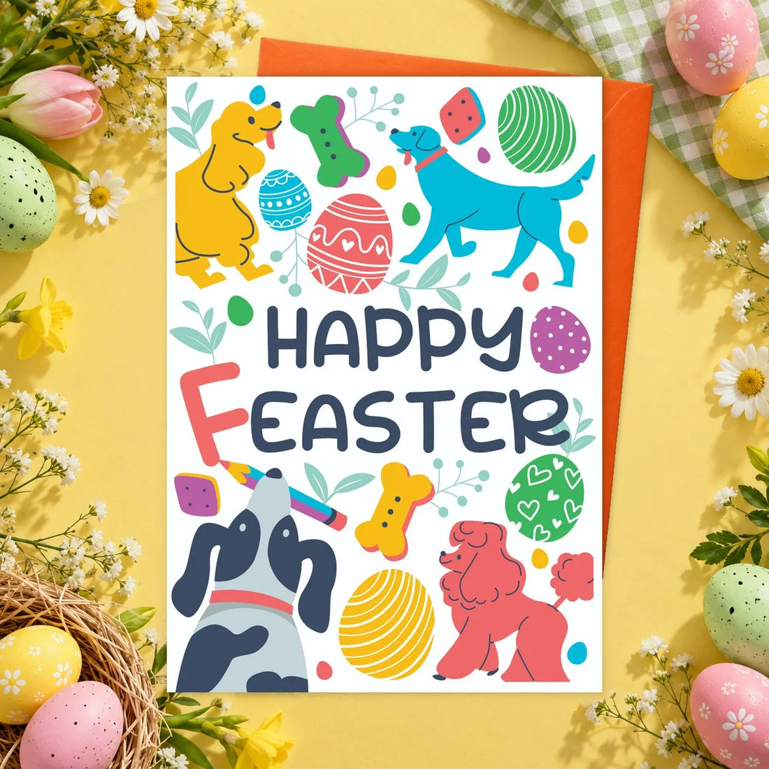 Happy Feaster – Edible Dog Easter Card, bacon flavour by Scoff Paper, shown with an orange envelope