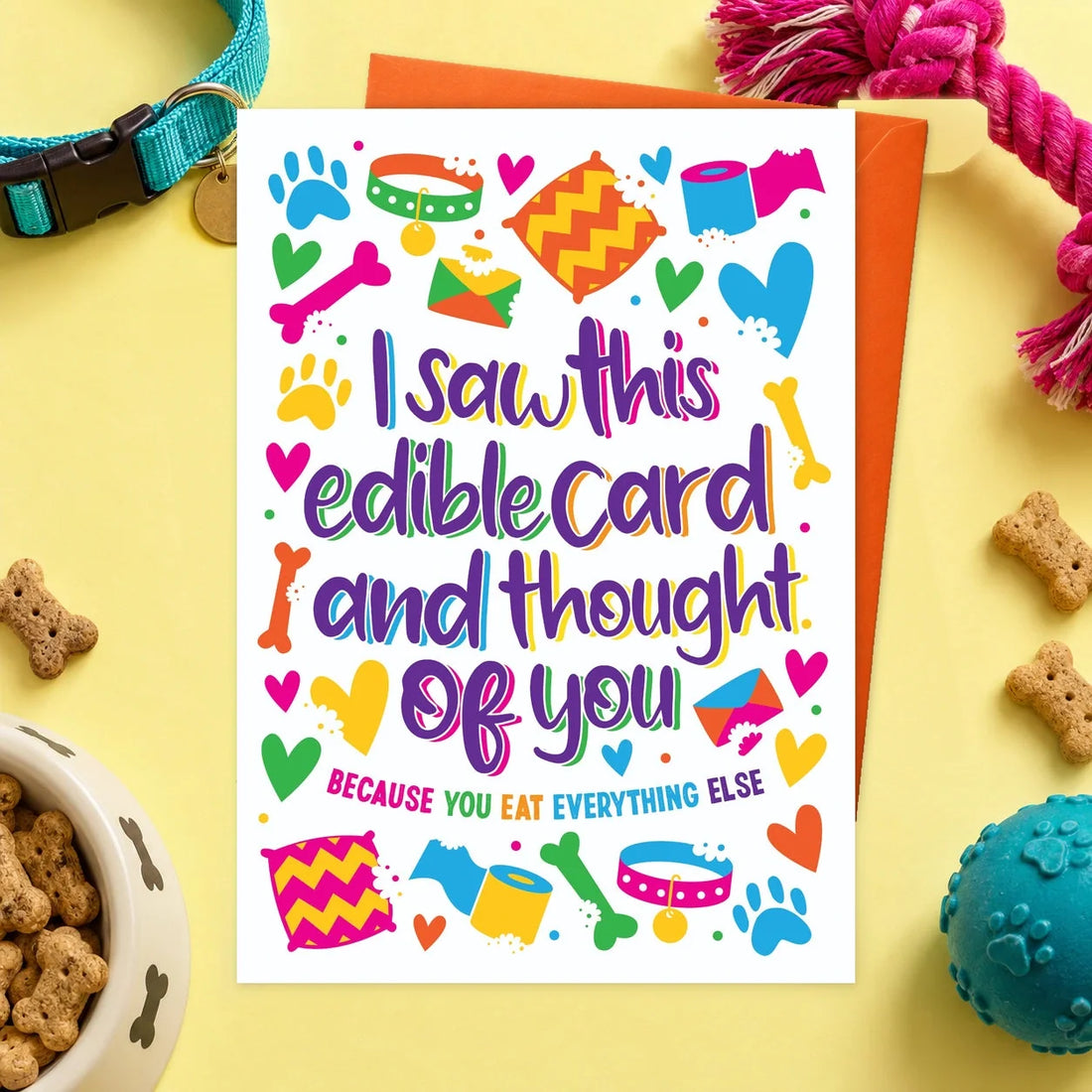 I Saw This Edible Card – Edible Dog Card, bacon flavour by Scoff Paper, shown with an orange envelope
