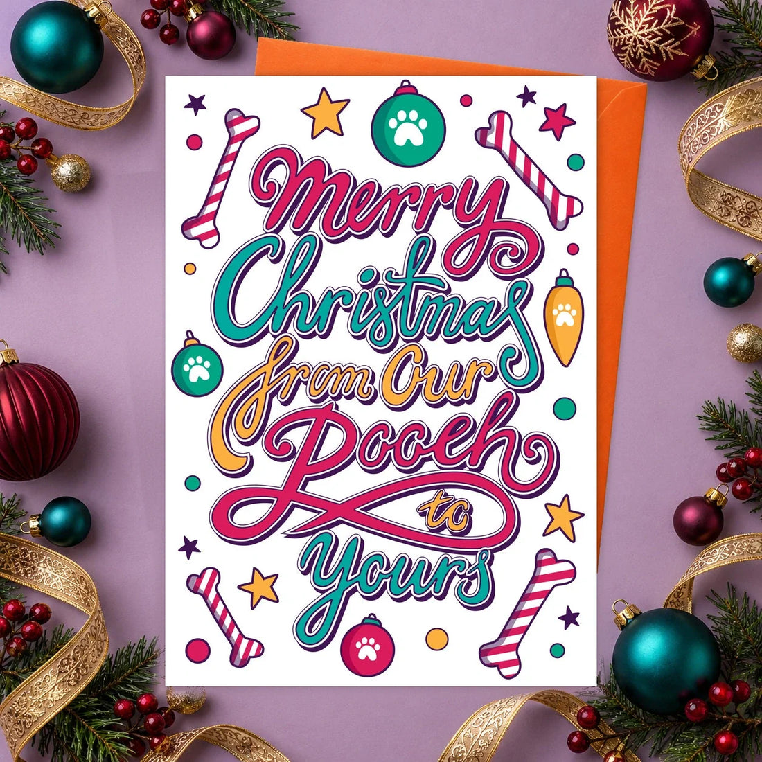 From Our Pooch to Yours – Edible Dog Christmas Card, bacon flavour by Scoff Paper, shown with an orange envelope