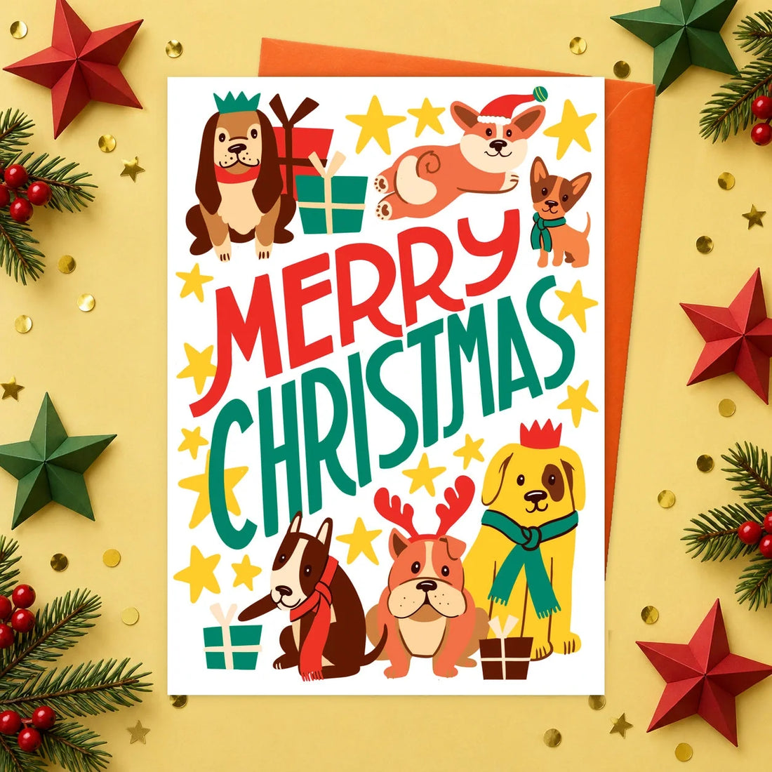 Merry Christmas Yellow Red – Edible Dog Christmas Card, chicken flavour by Scoff Paper, shown with an orange envelope