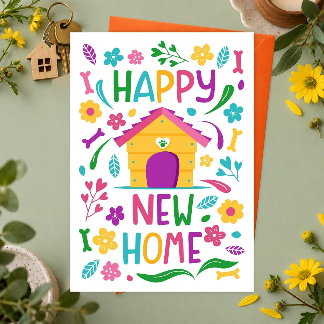 New Home – Edible Dog Card, chicken flavour by Scoff Paper, shown with an orange envelope