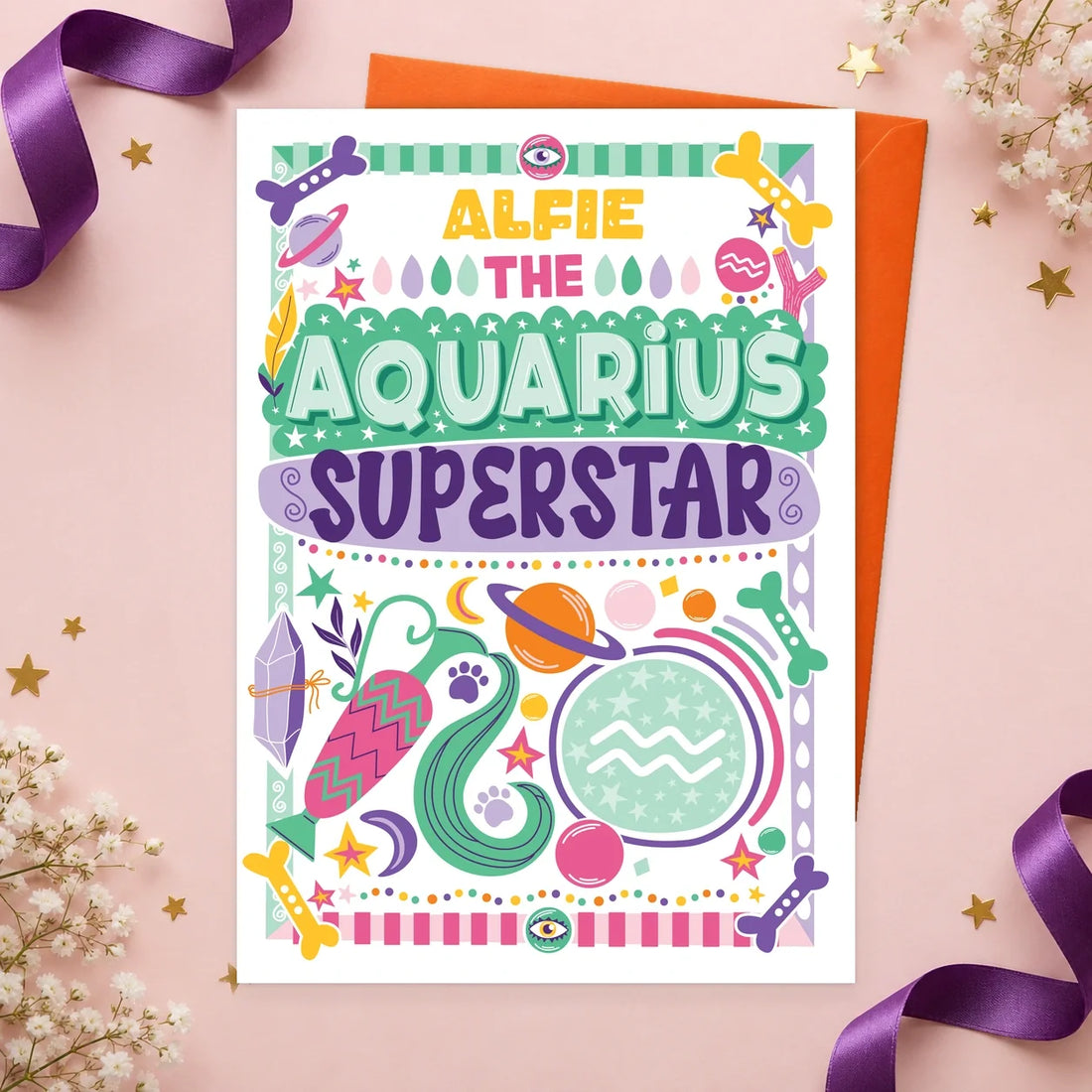 Aquarius (20 January–18 February) – Personalised Edible Dog Horoscope Card, chicken flavour by Scoff Paper, shown with an orange envelope