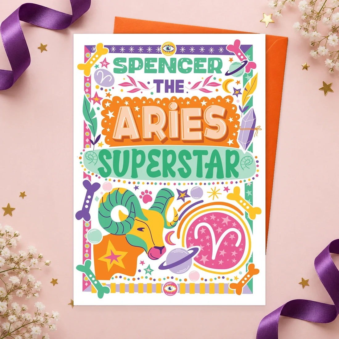 Aries (21 March–19 April) – Personalised Edible Dog Horoscope Card, chicken flavour by Scoff Paper, shown with an orange envelope