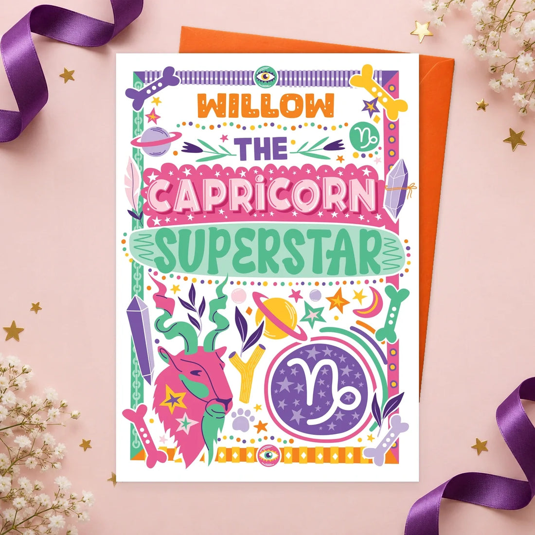 Capricorn (22 December–19 January) – Personalised Edible Dog Horoscope Card, chicken flavour by Scoff Paper, shown with an orange envelope