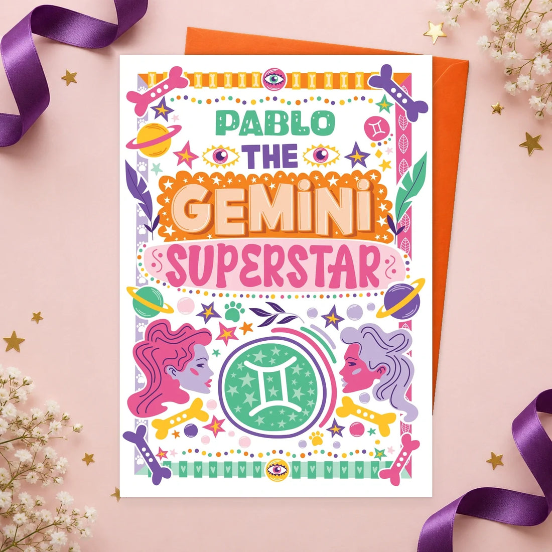 Gemini (21 May–20 June) – Personalised Edible Dog Horoscope Card, chicken flavour by Scoff Paper, shown with an orange envelope