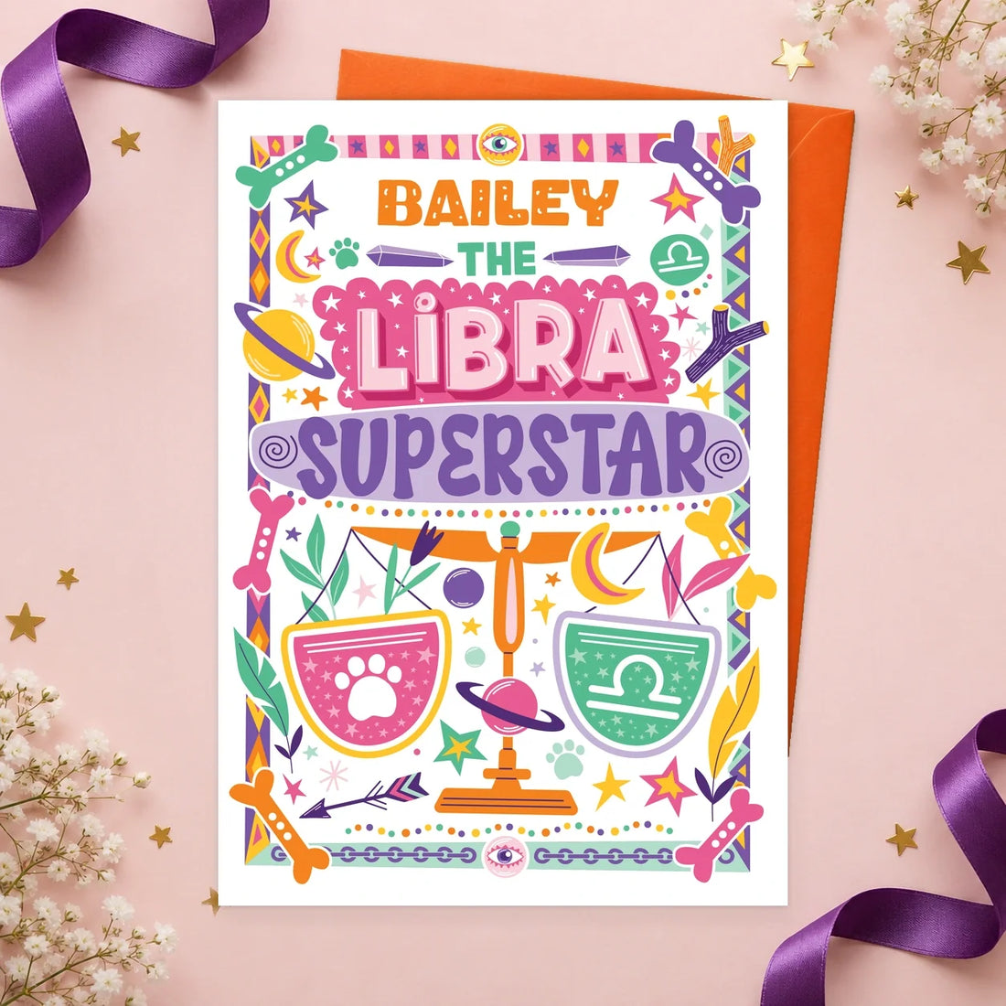 Libra (23 September–22 October) – Personalised Edible Dog Horoscope Card, chicken flavour by Scoff Paper, shown with an orange envelope
