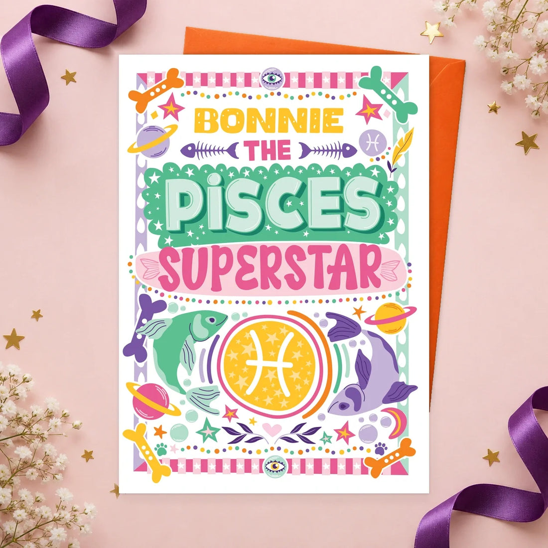 Pisces (19 February–20 March) – Personalised Edible Dog Horoscope Card, chicken flavour by Scoff Paper, shown with an orange envelope