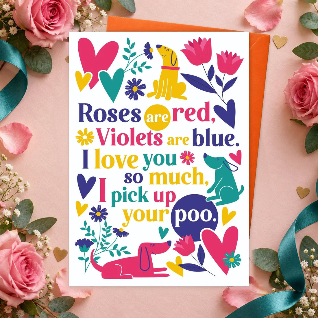 Roses Valentines – Edible Dog Valentine’s Day Card, bacon flavour by Scoff Paper, shown with an orange envelope
