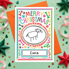 Christmas Paw-trait card with hand-drawn dog and Luna handwritten in the nameplate