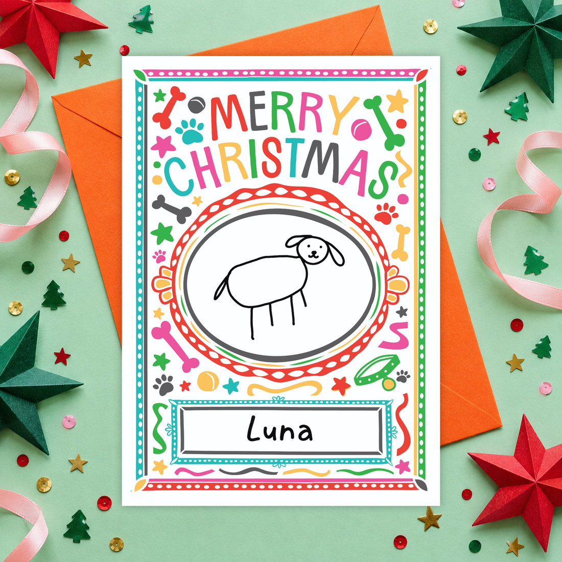 Christmas Paw-trait card with hand-drawn dog and Luna handwritten in the nameplate